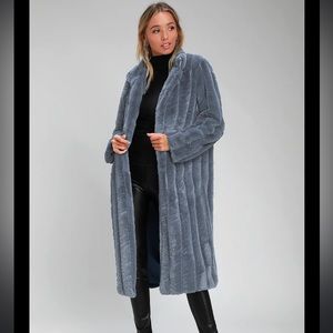 Lulu’s Cozy Queen Slate Blue Faux Fur Long Coat